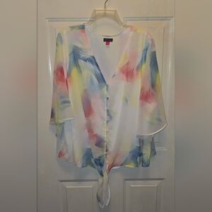 Vince Camuto White Watercolor Tie-Front Blouse with Blue, Pink & Yellow Washes